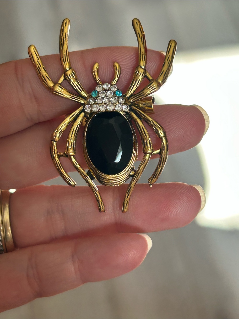 4/$100 Gold Spider Brooch with Black Stone and Clear Crystals